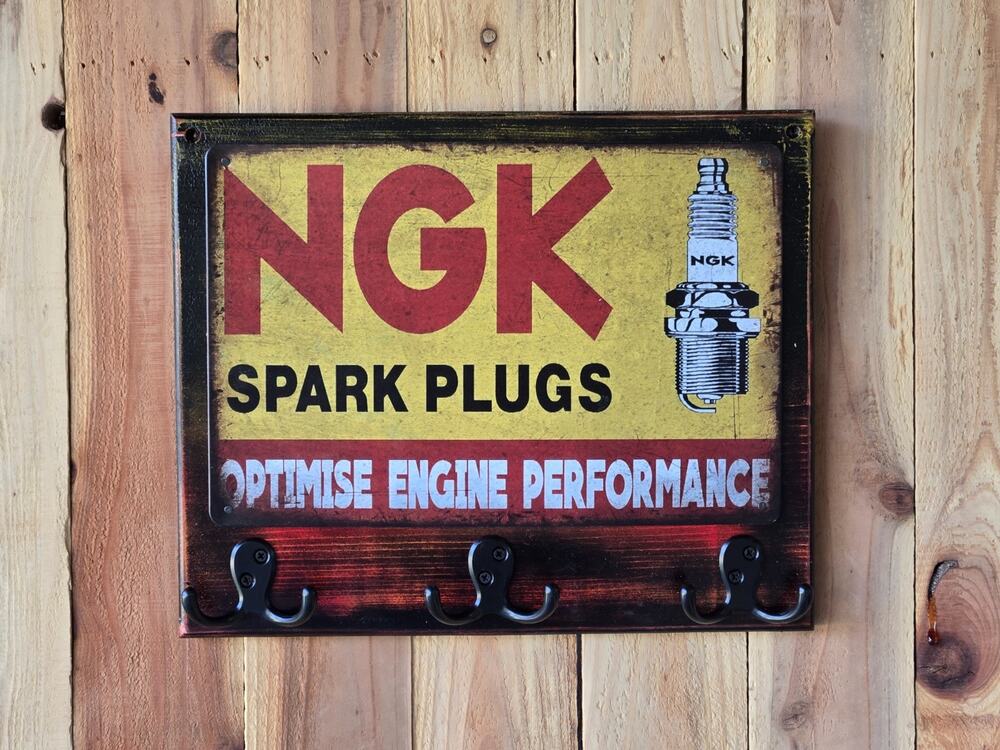 NGK Spark Plugs Key Holder, Solid Wood w/ Metal Sign & Hooks, Vintage Look